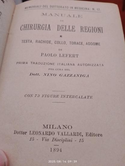 Prima pagina di un libro di medicina delle regioni edito a Milano nel 1894 e presente nella mia famiglia dal 1908.