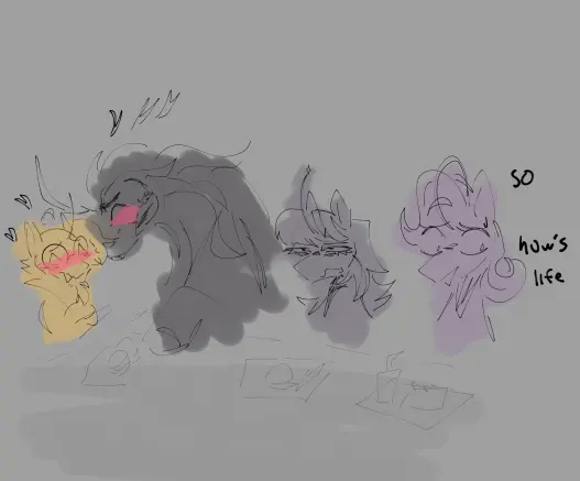 A digital doodle of Sunburst, King Sombra, Twilight Sparkle and Starlight Glimmer sitting at a table presumably eating lunch. King Sombra is giving Sunburst cheek kisses. Next to him Twilight is visibly annoyed. Starlight awkwardly asks,

"So, how's life?"