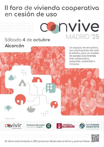 Cartel del II foro de vivienda cooperativa en cesión de uso de Madrid, en Getafe. Un espacio de encuentro, con participantes de todo el estado, para un modelo de acceso a la vivienda más colaborativo, asequible, sostenible e inclusivo