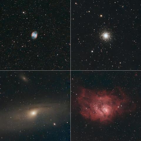 Four distinct deep space images using a Seestar S30 Smart Telescope showing a planetary nebula, a dense star cluster, a spiral galaxy, and a glowing red emission nebula against a starry background.