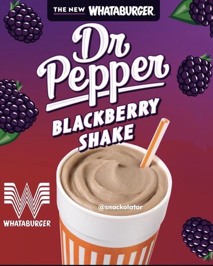 The image is an advertisement for a new beverage from Whataburger, titled "Dr Pepper Blackberry Shake." The background is a gradient of purple and red, with illustrations of blackberries scattered around. The main focus is a close-up of a shake in a white cup with orange stripes, featuring a swirl on top and an orange and white straw. The text "The New Whataburger" is at the top, followed by "Dr Pepper Blackberry Shake" in large, white, stylized letters. The Whataburger logo is in the bottom left corner, and the handle "[@]snackolator" is visible at the bottom right.