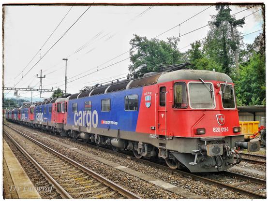 Elektrolokomotiven der SBB Cargo (rote Front und ein Teil der Seite auch rot, sonst blau mit weißem "cargo" logo) stehen hintereinander auf einem Gleis. Es sind 6 Loks, die erste 620 012-5