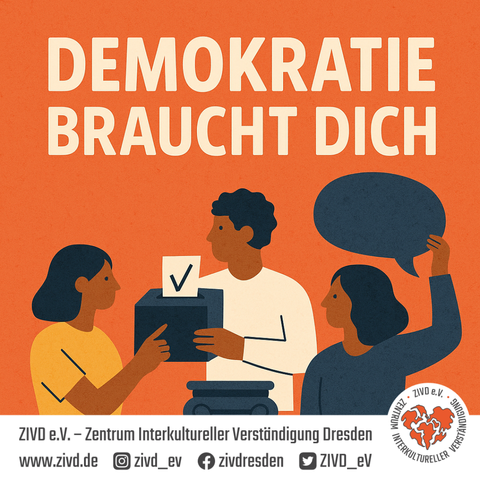 Illustration im Flat-Style: Diverse Menschen stehen gemeinsam vor einer großen, stilisierten Waage – Symbol für Gerechtigkeit und Demokratie. Über der Szene steht in klarer Schrift „Demokratie braucht dich“. Die Farbgebung ist hell und freundlich.