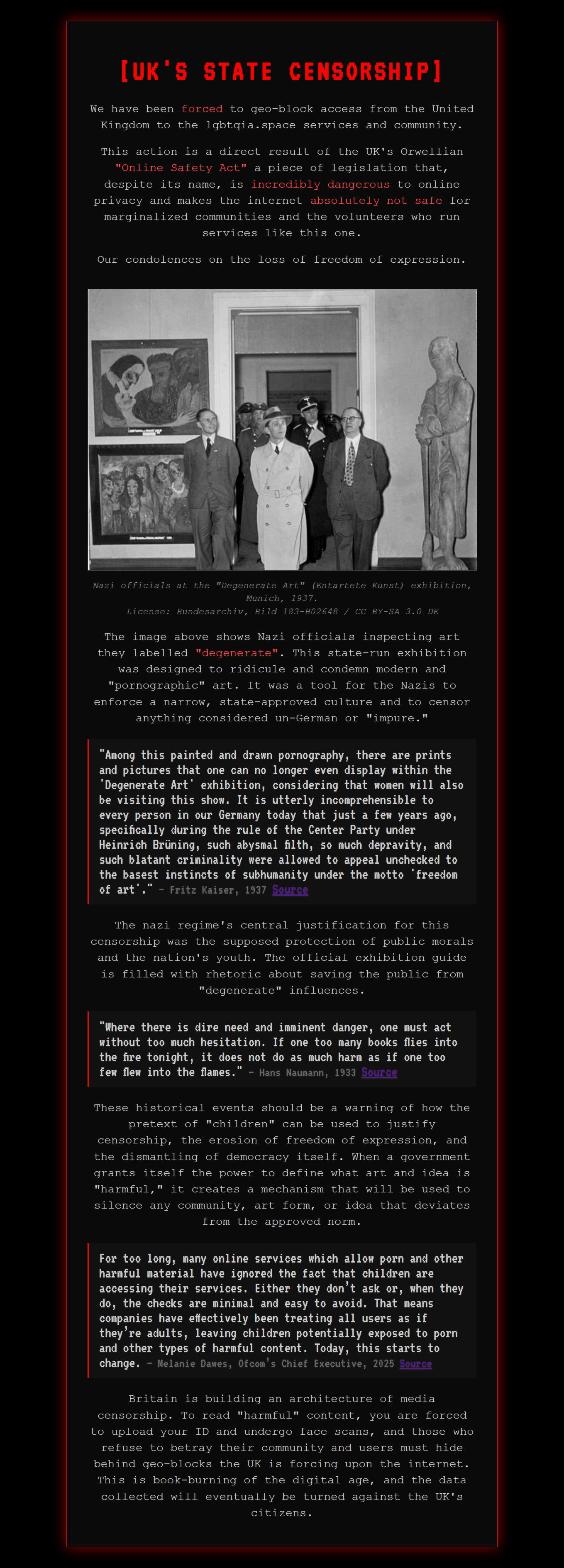 poster accurately comparing the UK Online Safety Act 2023 to that of the censorship used in the Third Reich.