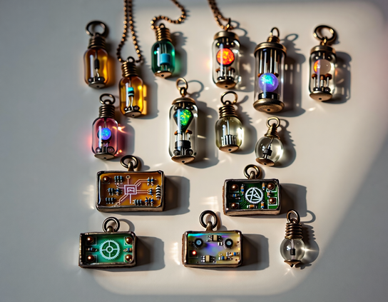 Close up of glowing glass and metal charms, some magic, some tech, some both, with circuitry, sigils, and illumiated cores, on a white surface in a patch of sunlight.