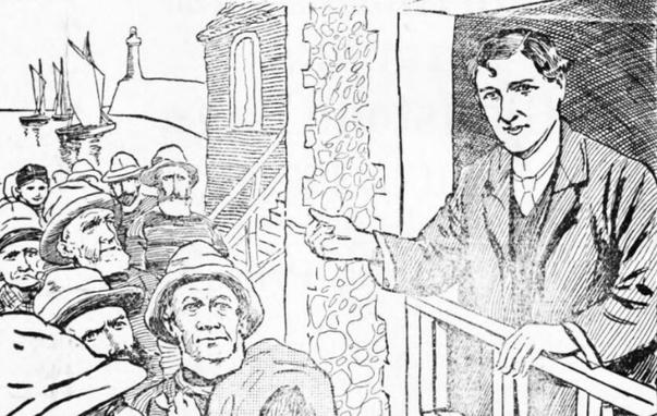 illustration of the Revival minister Evan Roberts speaking to a small crowd from the open window of a chapel.
