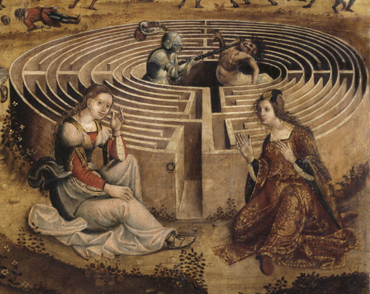 Thésée et le Minotaure, tableau anonyme du 16e siècle (détail).

Deux femmes en habits médiévaux/renaissance assez riches se tiennent à l'entrée d'un labyrinthe. Celle de gauche est habillée en rouge et vert, elle est blonde et a un petit sourire. Celle de droite est  habillée d'une riche robe rouge moirée, elle est châtain ou brune, elle est échevelée et lève les mains dans un geste qui semble être de déploration.
Derrière elles, on voit le labyrinthe en entier, il est circulaire avec des couloirs tortueux. Thésée combat le Minotaure en son centre. Fun fact, Thésée est représenté en chevalier en armure, et more fun fact, le Minotaure est représenté comme un centaure.