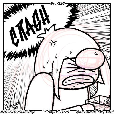 Drawing of Darlo carrying a tub of cherry tomatoes while a huge crash sound happens behind him. He has an angry look on his face, and he puts his hand to his head.