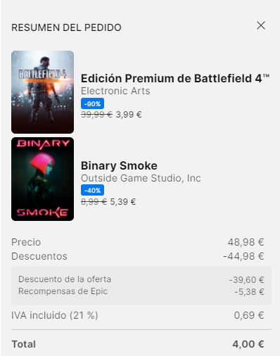 Resumen del pedido de los juegos BF4 y Binary Smoke, en el que se ve que al final entre descuentos y el acumulado por recompensas me salen ambos juegos por 4 euros exactos.