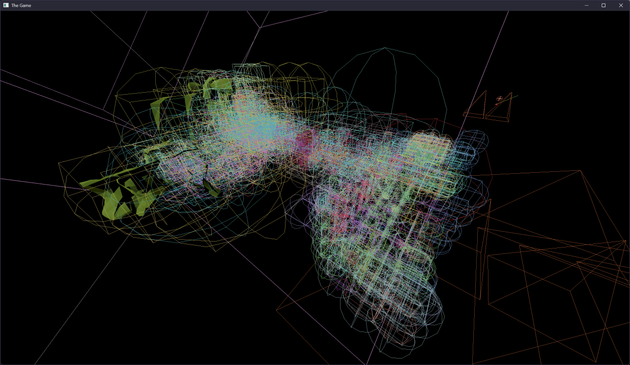 A screenshot of my engine running a kitbashed test scene with all of the models' bounding sphere and boxes over a black background giving a heavy and messy networks of 1-pixel wide strokes all over the screen.