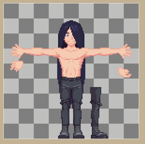 A T-Pose metalhead character with long hair and his bang hiding his right eye.