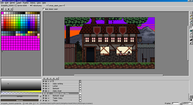 Screenshot of Aseprite showing the scene I've been working on today. It's a nighttime scene outside of a tavern, looking in. The interior is well lit. Zalia is sitting at a table across from Remont. On the table is a beer mug that's half full, one that's empty, and a beer bottle.