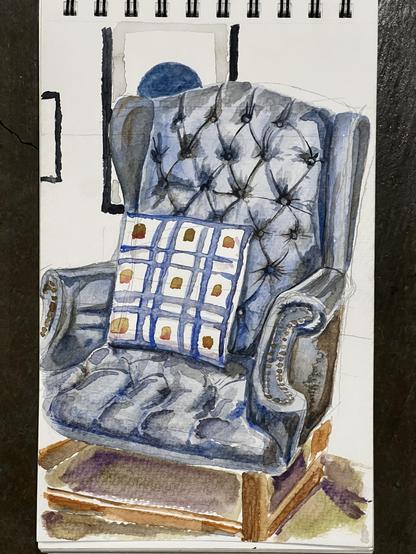 Watercolor painting of a lavish leather armchair with an intricate pillow on it