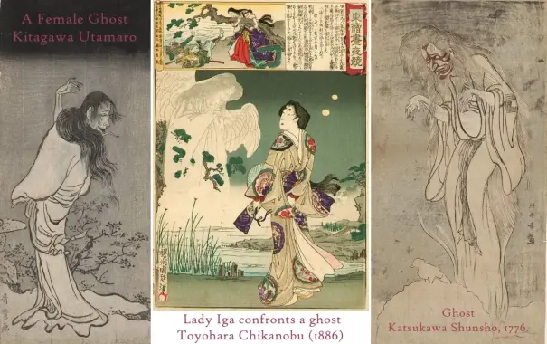 Three panel image. Female host, Lady confronts a ghost, male ghost.