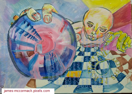 G.
Artist's Perspective by James McCormack.
A distorted artist's perspective shows the artist from above holding a globe or crystal ball while his other hand has the index finger pointing at the words Artist's Perspective in a spiralling perspective.