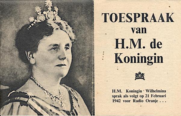 Afbeelding van voorkant van toespraak koningin Wilhelmina met foto van koningin en titelblad.