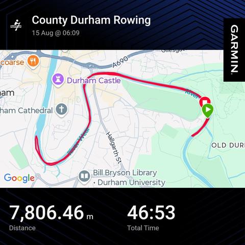 Garmin activity showing a rowing session. 7.8km 46min