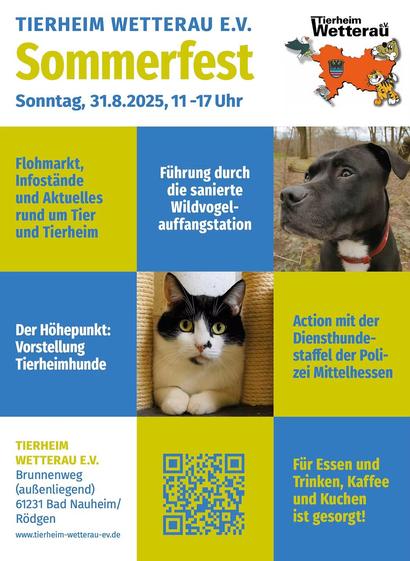 Einladung zum Sommerfest des Tierheims Wetterau am 31.8.2025 von 11-17 Uhr im Brunnenweg in Bad Nauheim / Rödgen
