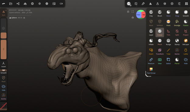 Screen shot of nomad sculpt showing a bust of a 3D dragon