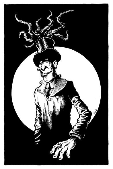 Un personnage aux allures rétrofuturistes  nous regarde avec un air démoniaque. Il porte à son doigt une bague en forme d'oeil. Son chapeau haut de forme laisse s'échapper des tentacules menaçantes.

A retrofuturistic-looking character stares at us with a demonic expression. He wears an eye-shaped ring on his finger. Menacing tentacles protrude from his top hat.
