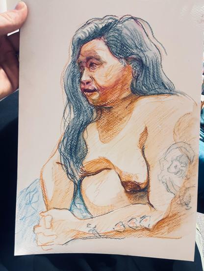 A watercolor pencil drawing of a sitting figure with tattoos