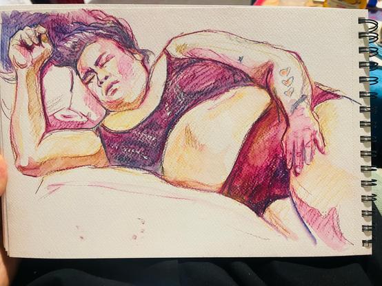 A watercolor pencil drawing of a reclining figure
