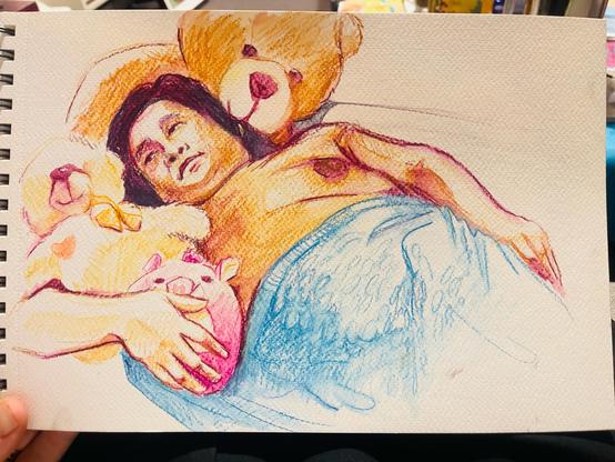 A watercolor pencil drawing of a reclining figure surrounded by soft toys