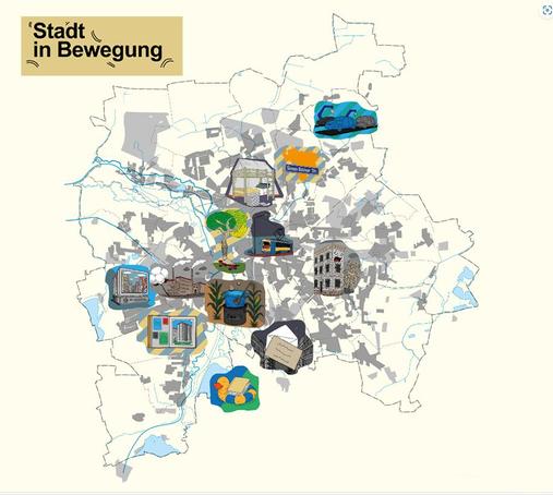 Teil-Screenshot der Titelseite von "Stadt in Bewegung": Auf einer Übersichtskarte von Leipzig heben illustrative Ikons ausgewählte Orte der Stadt hervor.