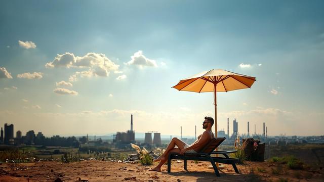 Inmitten einer endzeitlichen Industrielandschaft sitzt ein Mann in Badehose in einem Liegestuhl unter einem Sonnenschirm.