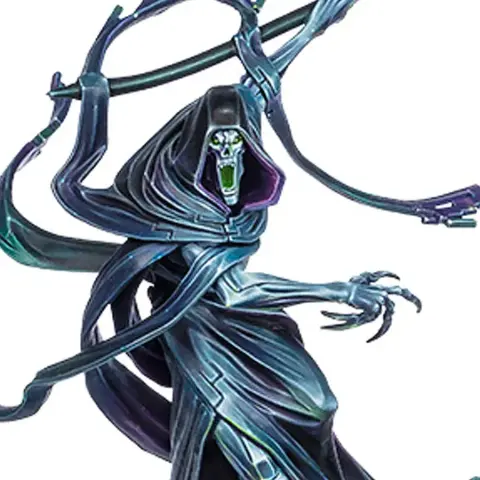 A sleek and dynamic model of the Necron Shard of the Nightbringer, featuring a flowing black and teal cloak that accentuates its ethereal form. The figure wields a large, menacing scythe, with a skeletal face that has a vibrant green mouth, adding to its ominous presence. Surrounding the figure are swirling Scarab swarms, enhancing the character's connection to the Necron lore.