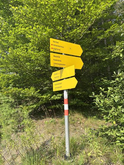 A footpath signpost, with four bright yellow direction markers. The top one, to Bärnbad, Hölensteinhaus and Köglhörndl, has red dots next to the names of the latter two destinations.