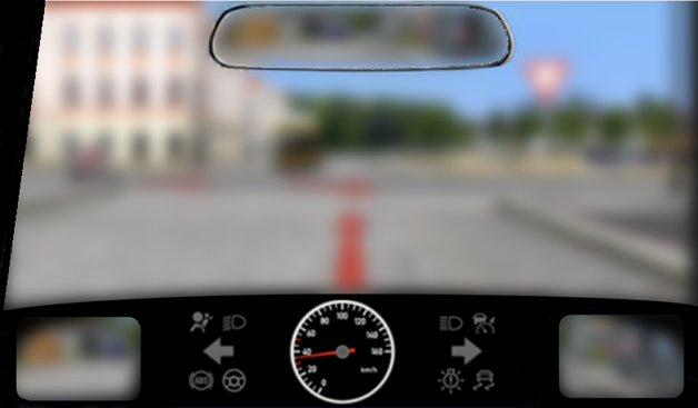 Graphik aus einer typischen Fahrprüfungsfrage. In der Graphik ist stilisiert die Sicht eines Autofahrers auf sein Amarturenbrett, seine Rückspiegel und seine Windschutzscheibe zu sehen. Während das Armaturenbrett und die Konturen der Spiegel scharf erscheinen, ist die Verkehrssituation hinter der Windschutzscheibe und den Spiegeln völlig unscharf.