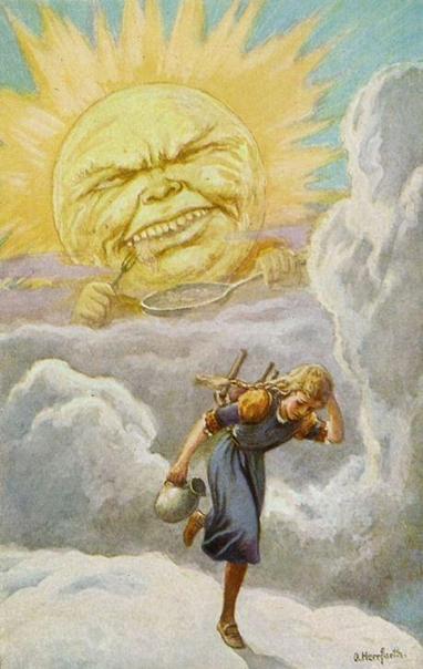 The hungry sun seeks to eat the girl. Illustration by Oskar Herrfurth.