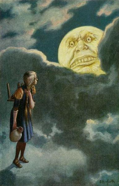 The hungry moon seeks to eat the girl. Illustration by Oskar Herrfurth.