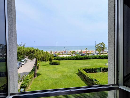 A serene view of a beach from a window. In the foreground, a perfectly manicured green lawn is bordered by a well-trimmed hedge. A few small trees dot the landscape. Beyond the lawn, a bustling beach scene unfolds with sun loungers, umbrellas, and the sparkling blue sea. The sky is a clear, light blue. The image is framed by the dark edges of a window, creating the feeling of looking out from a tranquil, private space onto a lively coastal scene.