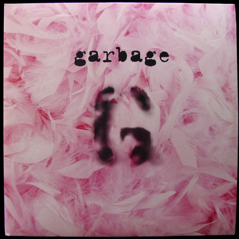 A black stencil G on pink feathers.