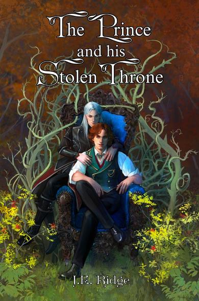 Book cover art for the MM novel by J.E. Ridge.  "The Prince and his stolen Throne". 
A man with red hair,  finely dressed, sits on a gorgeous throne   adorned with throned vines. Another man  with silvery white hair dressed in dark magician line clothes sits on the handle of a throne and leans on the shoulders of the redhead in a possessive gesture. 
The background is the cursed autumn mystical forest.