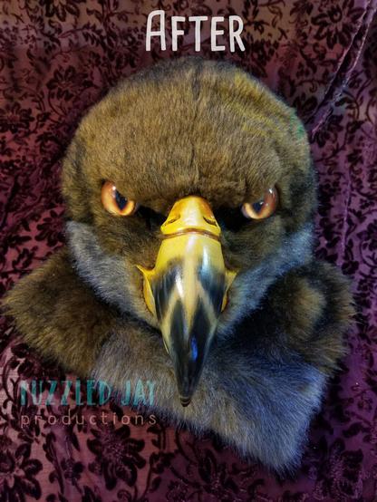 images of a brown hawk fursuit head, 3 pictures showing a more realistic paint job on the beak, 1 image showing the original paint job.
