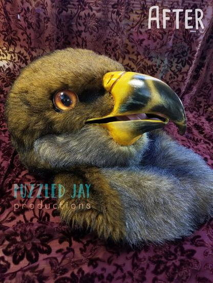 images of a brown hawk fursuit head, 3 pictures showing a more realistic paint job on the beak, 1 image showing the original paint job.