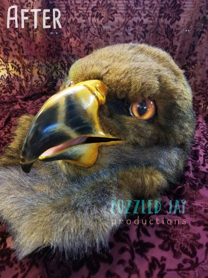 images of a brown hawk fursuit head, 3 pictures showing a more realistic paint job on the beak, 1 image showing the original paint job.