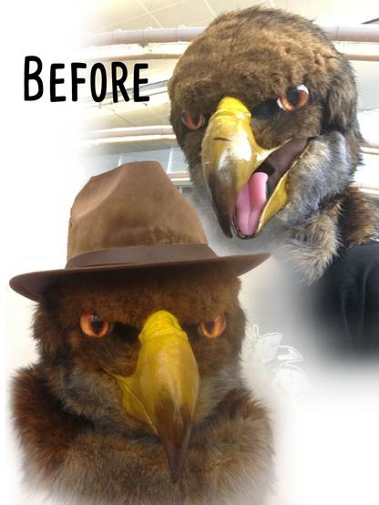 images of a brown hawk fursuit head, 3 pictures showing a more realistic paint job on the beak, 1 image showing the original paint job.