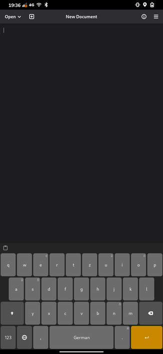 A screenshot from a phone running Phosh. The text editor is
running and the on screen keyboard unfolded. The resolution is at 200%