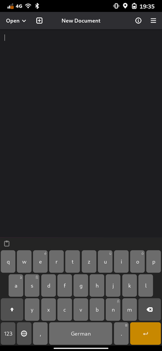 A screenshot from a phone running Phosh. The text editor is
running and the on screen keyboard unfolded. The resolution is at 250% thus UI elements are smaller than in the previous screenshot but the keyboard remains constant in size.