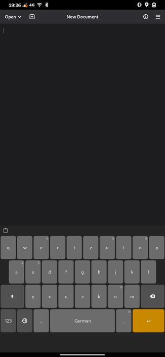 A screenshot from a phone running Phosh. The text editor is
running and the on screen keyboard unfolded. The resolution is at 200%. There's an empty space below the bottom row of keys.