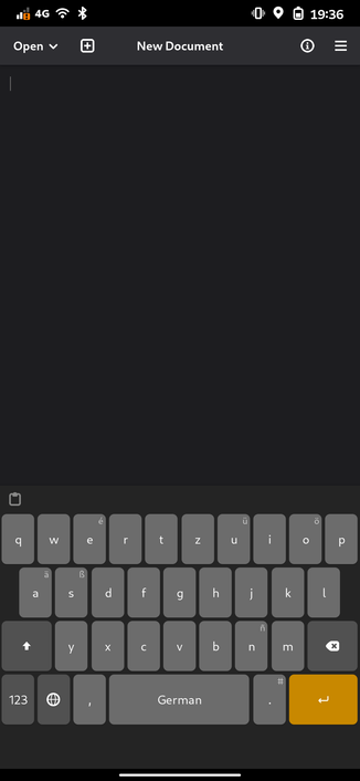 A screenshot from a phone running Phosh. The text editor is
running and the on screen keyboard unfolded. The resolution is at 250%. There's an empty space below the bottom row of keys.