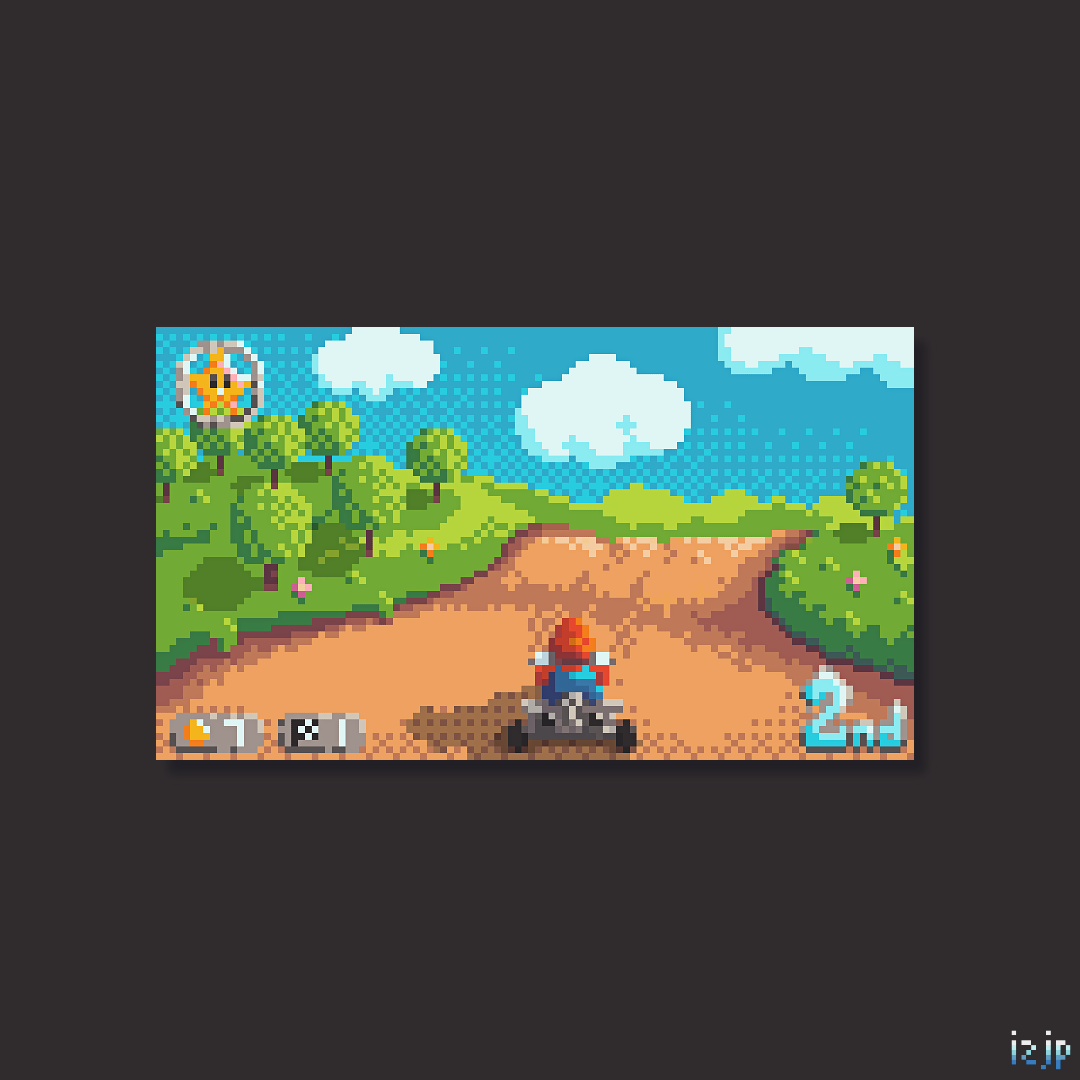 A pixel art demake of a popular video game. We see a plumber with a red hat and blue overalls on a small metal kart, driving on a dirt road through rolling green hills with some trees on them. There is pixel art UI, like a yellow star in the top left, and a position indicator in the bottom right. The colours are bright and warm. The pixel art piece is sitting in front of a dark grey background.