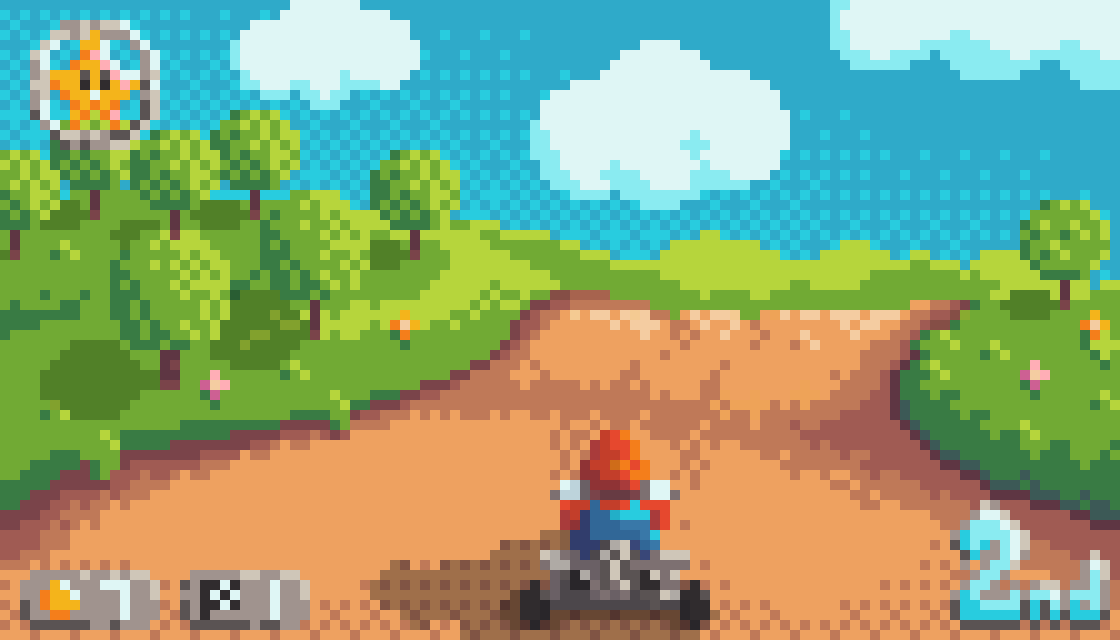 A pixel art demake of a popular video game. We see a plumber with a red hat and blue overalls on a small metal kart, driving on a dirt road through rolling green hills with some trees on them. There is pixel art UI, like a yellow star in the top left, and a position indicator in the bottom right. The colours are bright and warm.