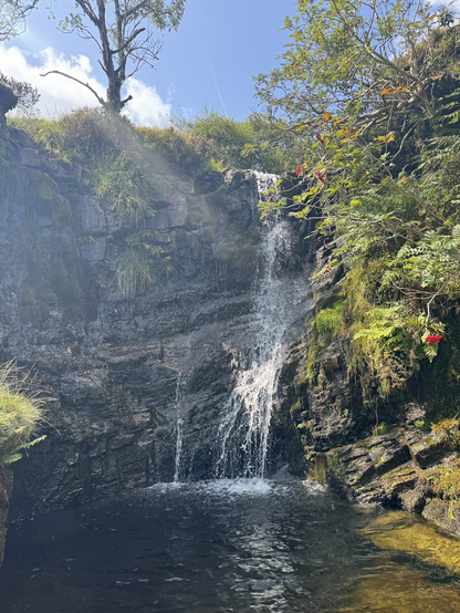A small waterfall tumbles down the rocks to an inviting looking pool, surrounded by green foliage.
