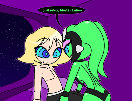 A shirtless Luke Skywalker happily hypnotized by Oola, "Just relax, Master Luke~"