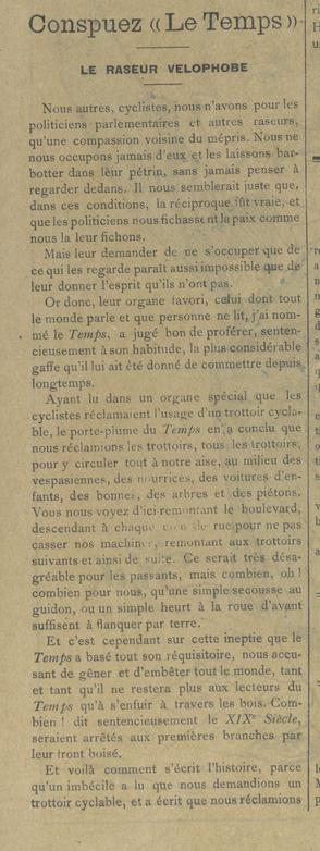 Extrait d'un article trouvé sur Gallica. Titre - Conspuez "Le temps" - Le rasoir vélophobe
